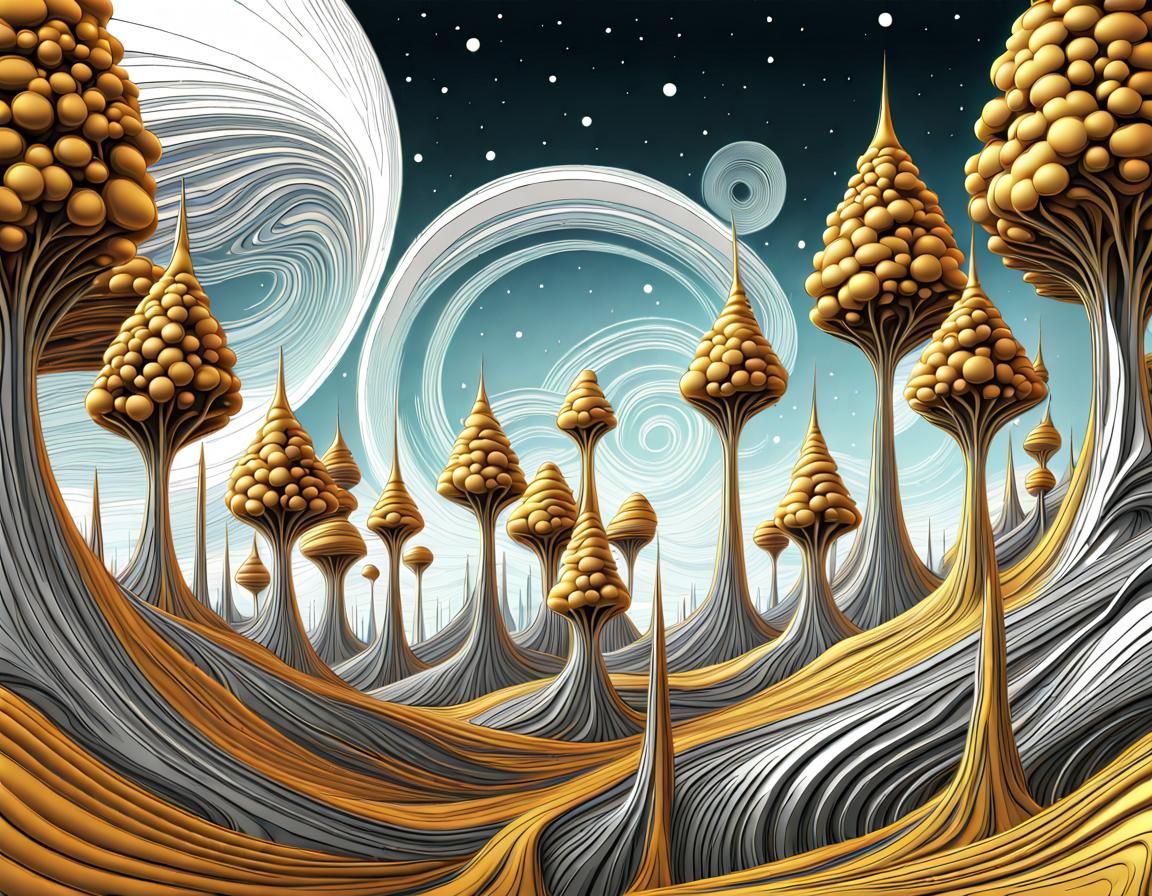Chrome and Gold Alien Forest with Fractal Patterns