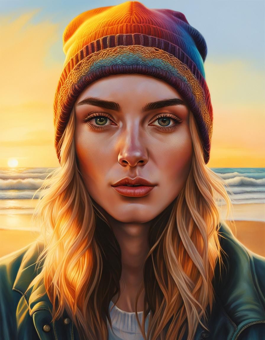 Beautiful Person with Beanie on Winter Beach