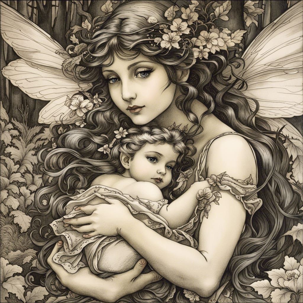 Forest Fairy Holding Baby, Ink Illustration