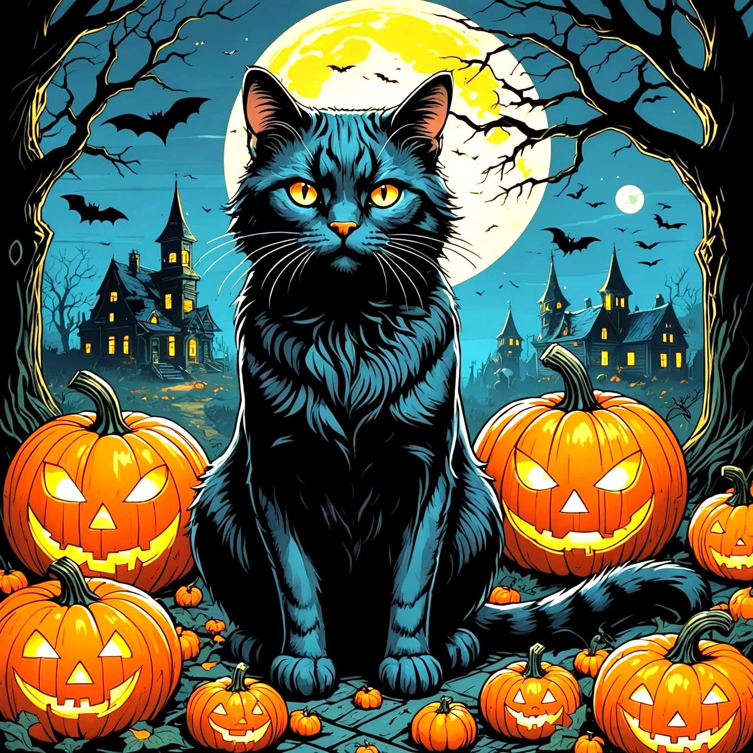 Haunted Pumpkins and Cats Comic Book Art