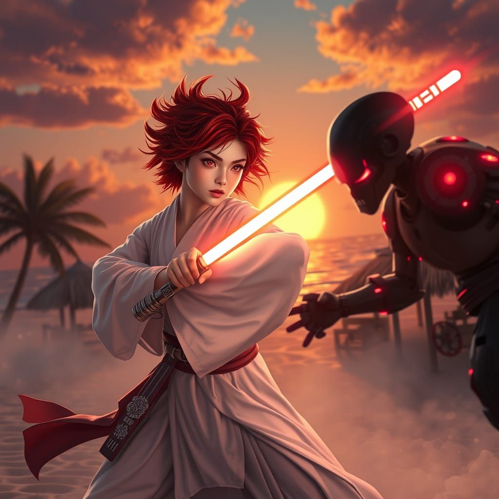Jedi Knight Battles Android at Sunset in Anime Style