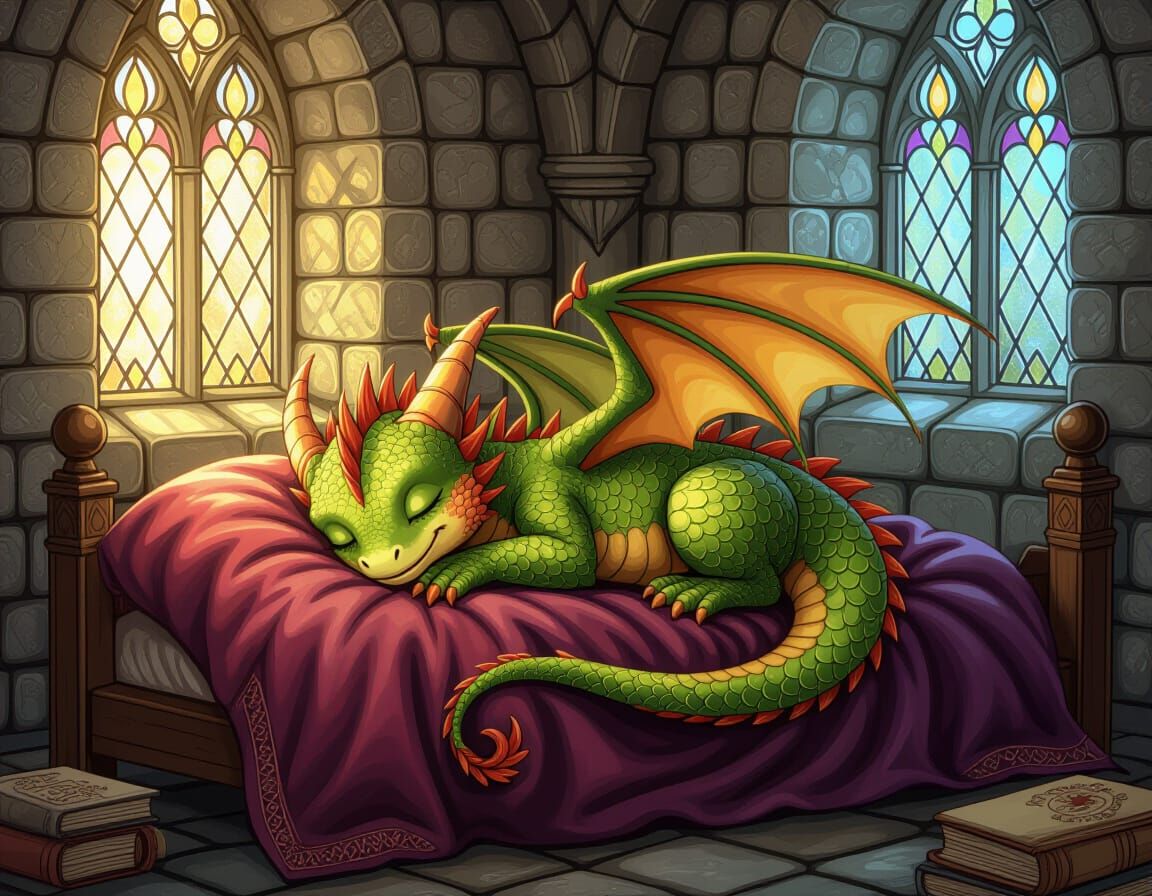 Baby Dragon Napping in Castle Bedroom