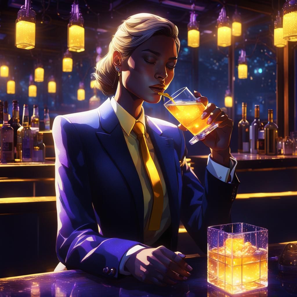 Woman in Suit Sipping Drink in Luxury Bar