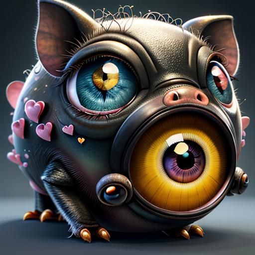 Adorable Bejeweled Pig with Large Eyes in 3D