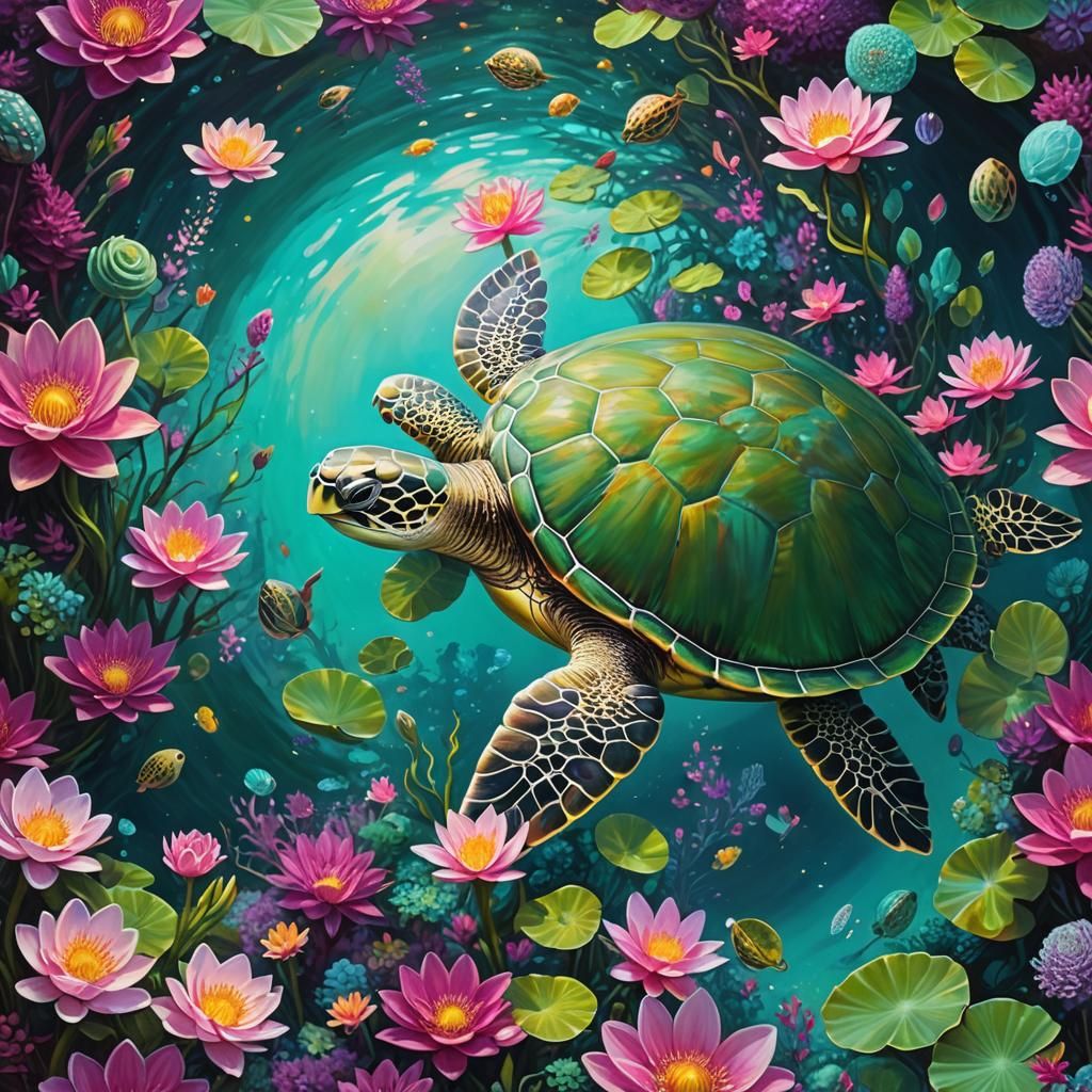 Mystical Sea Turtle in Surreal Underwater Scene
