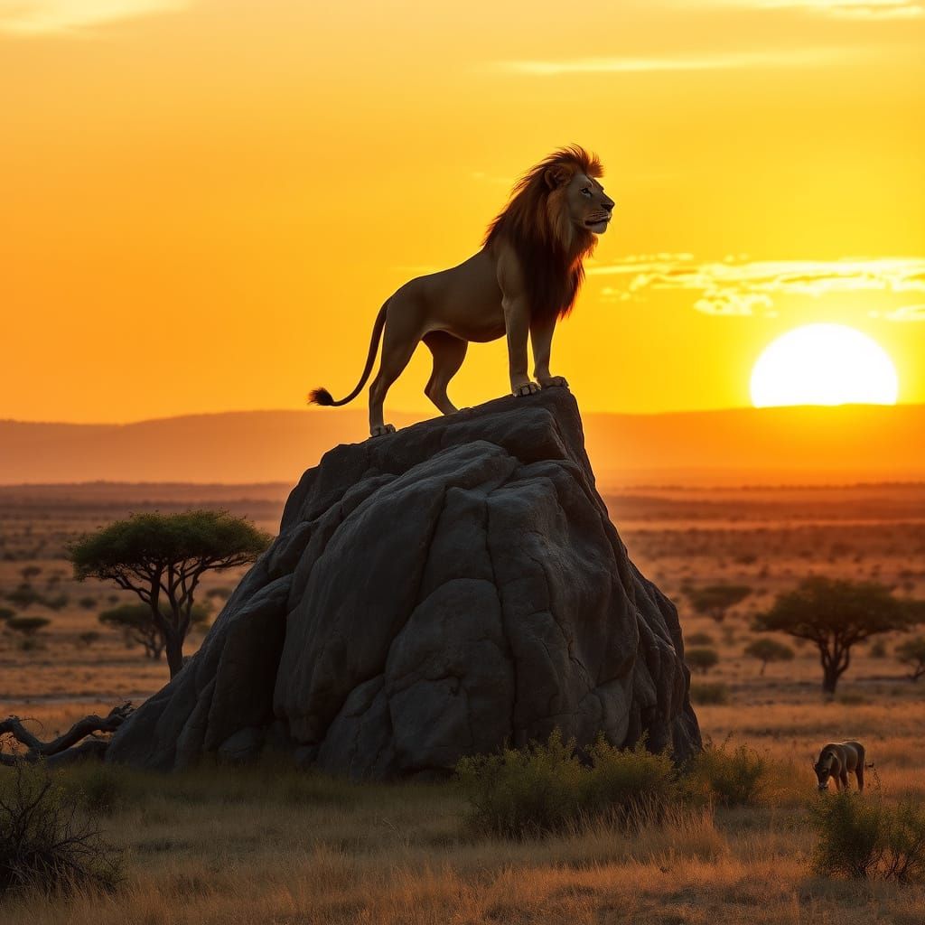 Majestic Lion at Sunset in Savannah Landscape