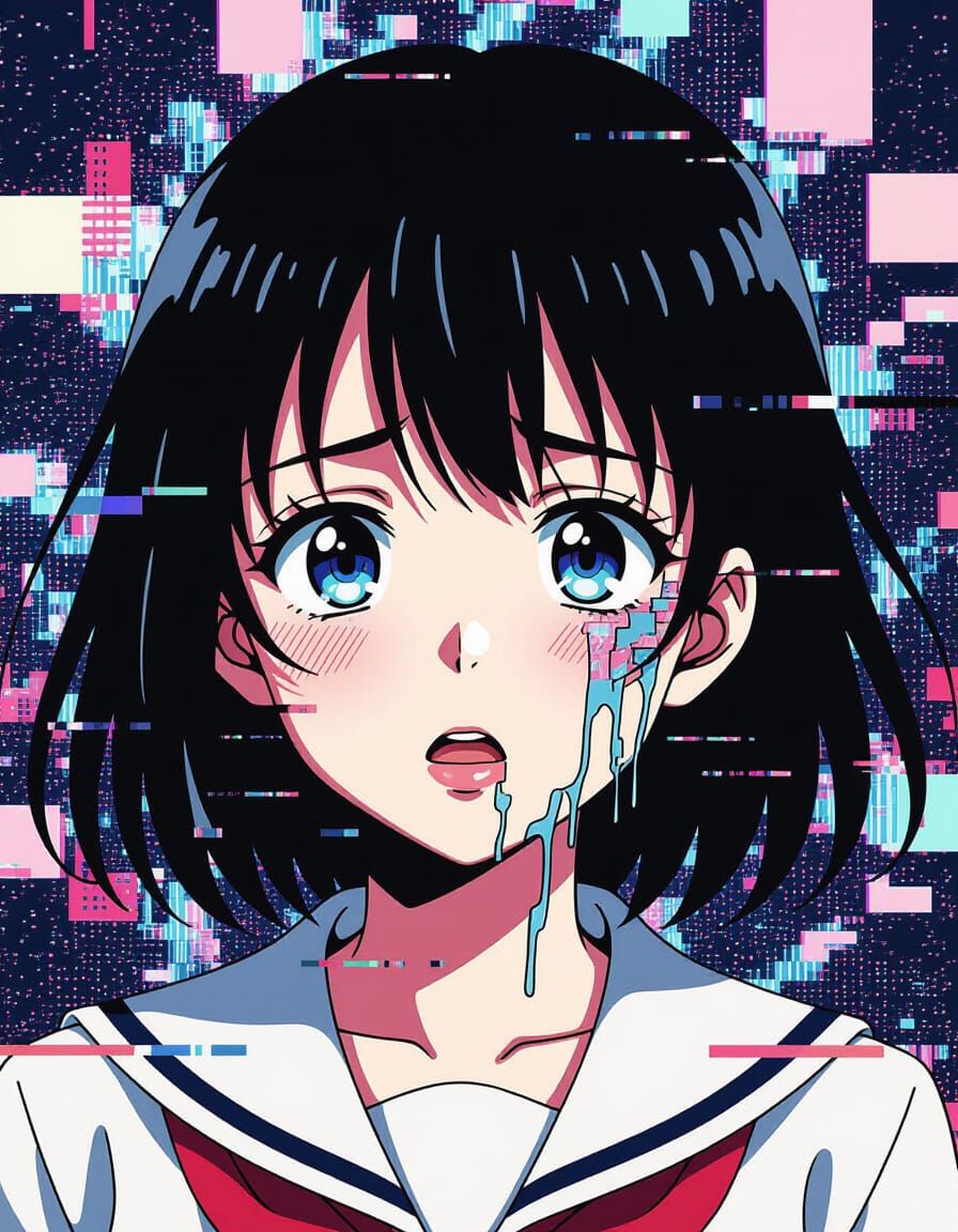 Anime Girl Portrait in Glitch Art Style