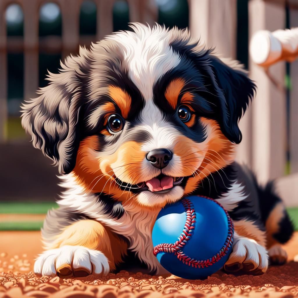 Fluffy Puppy Plays Baseball on Field, Painting Style