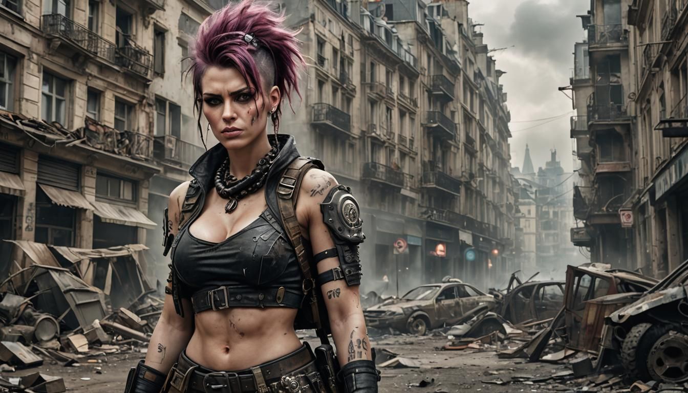 Punk Girl Portrait in Destroyed Paris, Digital Art