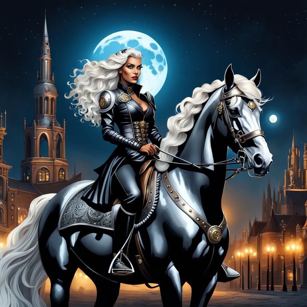 Steampunk Goth Girl Rides Armored Horse