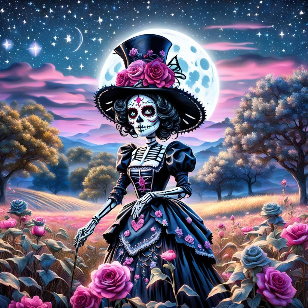Sugar Skull Betty Boop Scarecrow in Magical Field