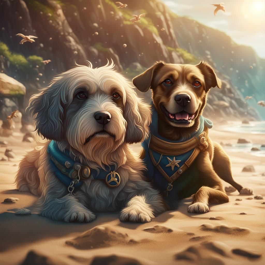 Adorable Dogs Hugging on the Beach in Detailed Painting