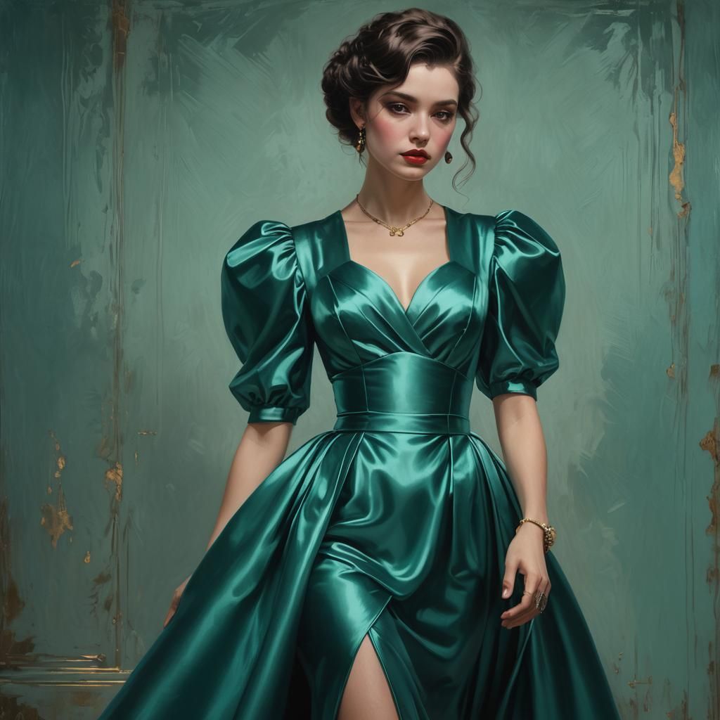Woman in Teal Satin Dress: Hyperrealistic Oil Painting