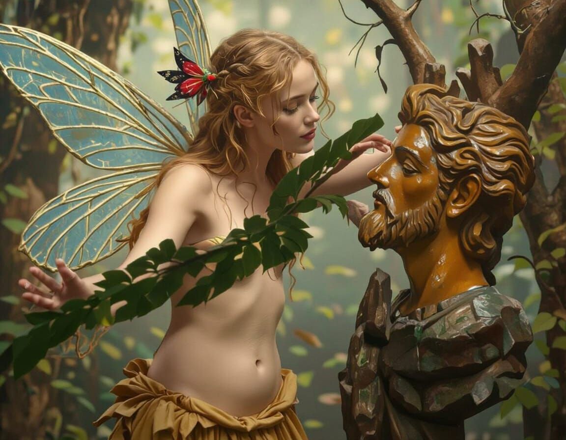 Fairy Touches Statue in Mystical Forest