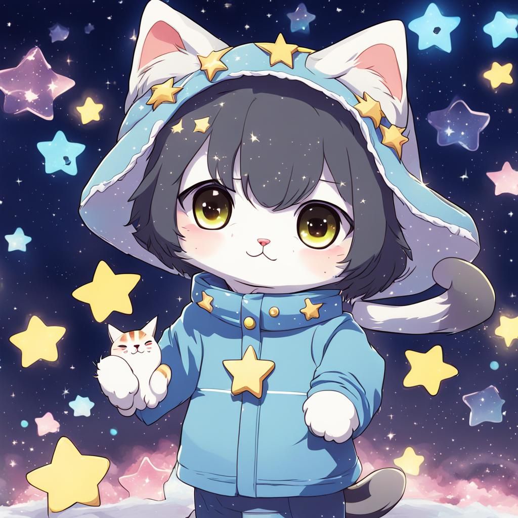 Cute Star Cat in Anime Manga Style