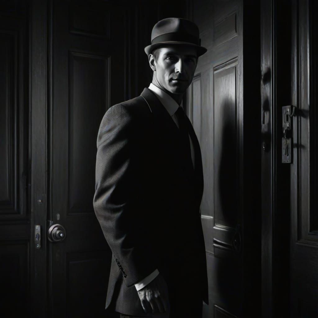 Charismatic Salesman in Film Noir Charcoal Drawing