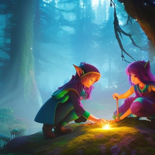 Enchanting Elves Building Homes in a Bioluminescent Tree