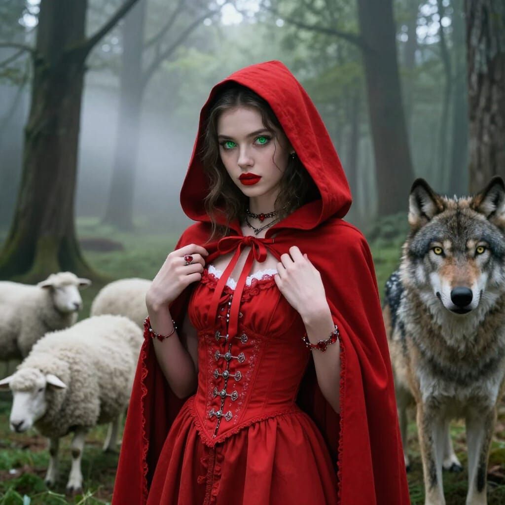 Little Red Riding Hood in Misty Forest with Wolf