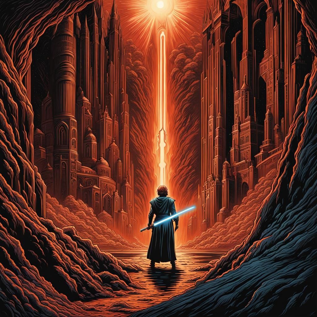 Luke Skywalker Woodcut: Epic Action Scene