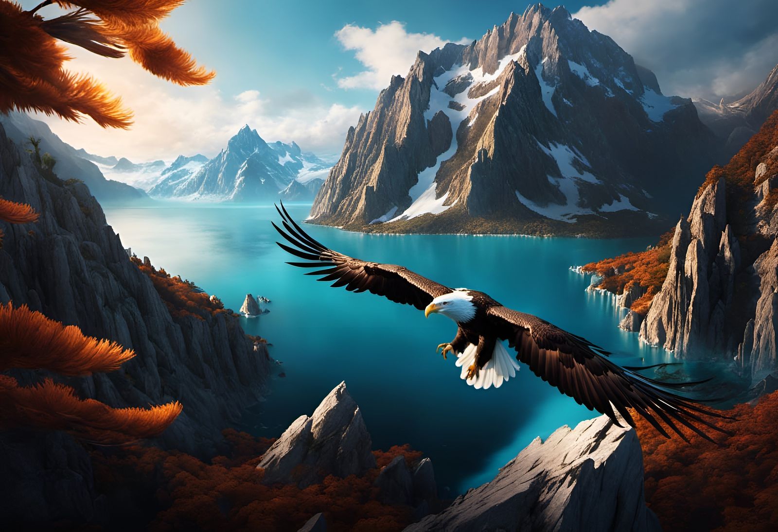 Eagle Soars Over Rocky Mountains and Azure Sea