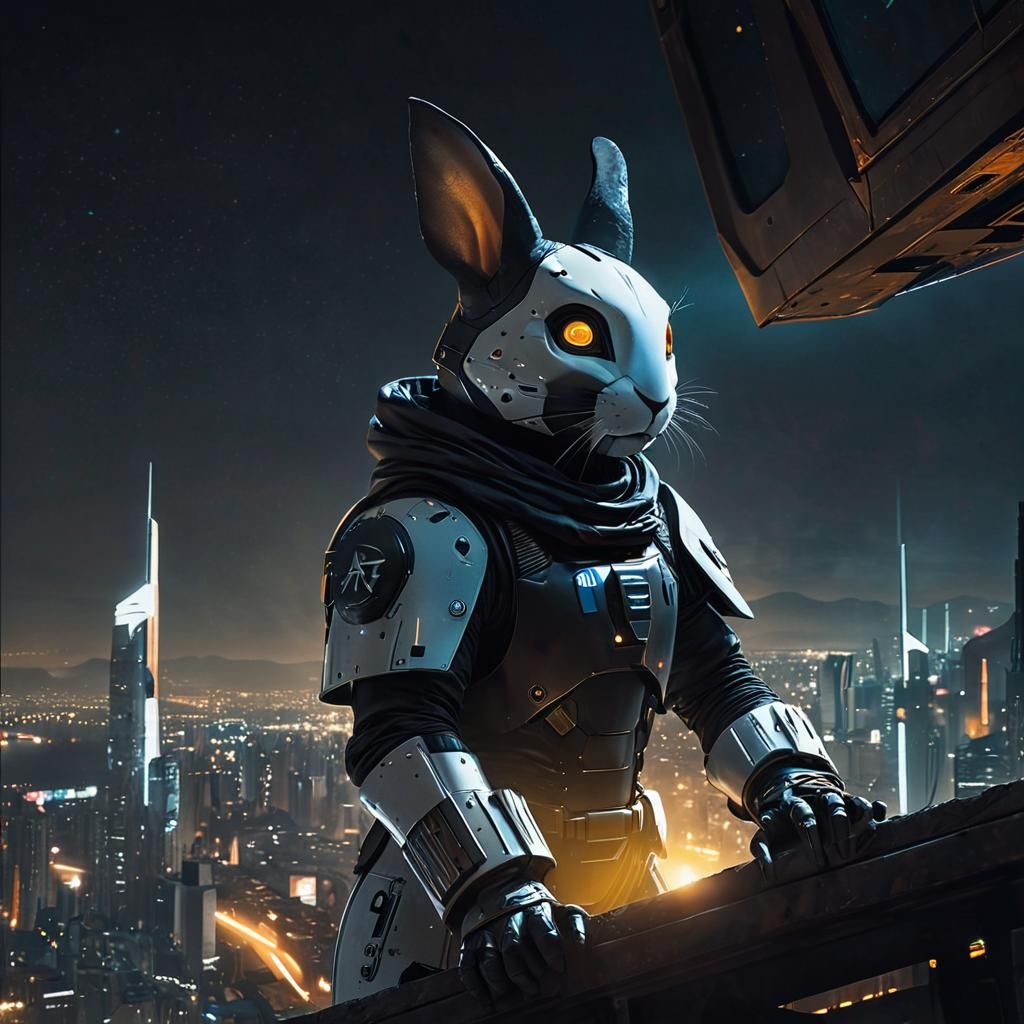 Aetherpunk Rabbit Warrior on Futuristic Cityscape