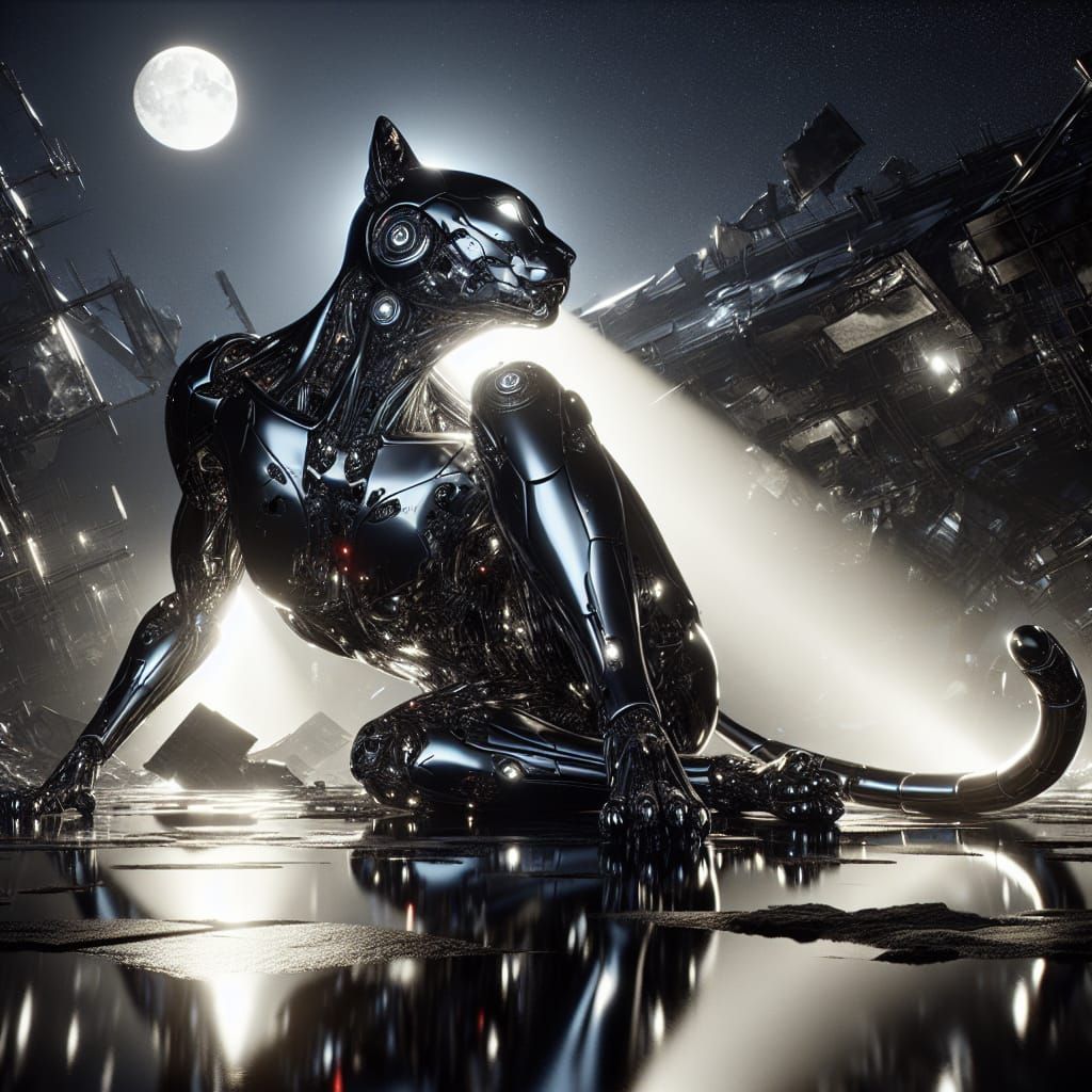Moonlit Mechanoid: A Gleaming Cybernetic Feline