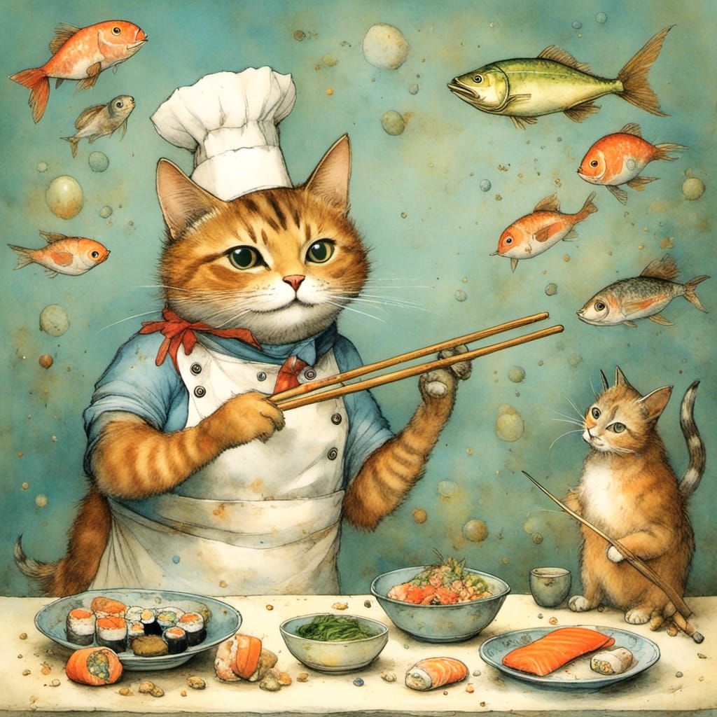 Chef-Cat Making Sushi with Fresh Fish