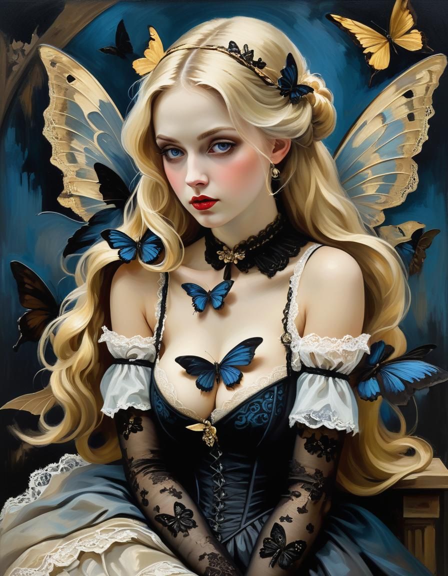 Gothic Romantic Maiden with Butterfly as Impasto Painting