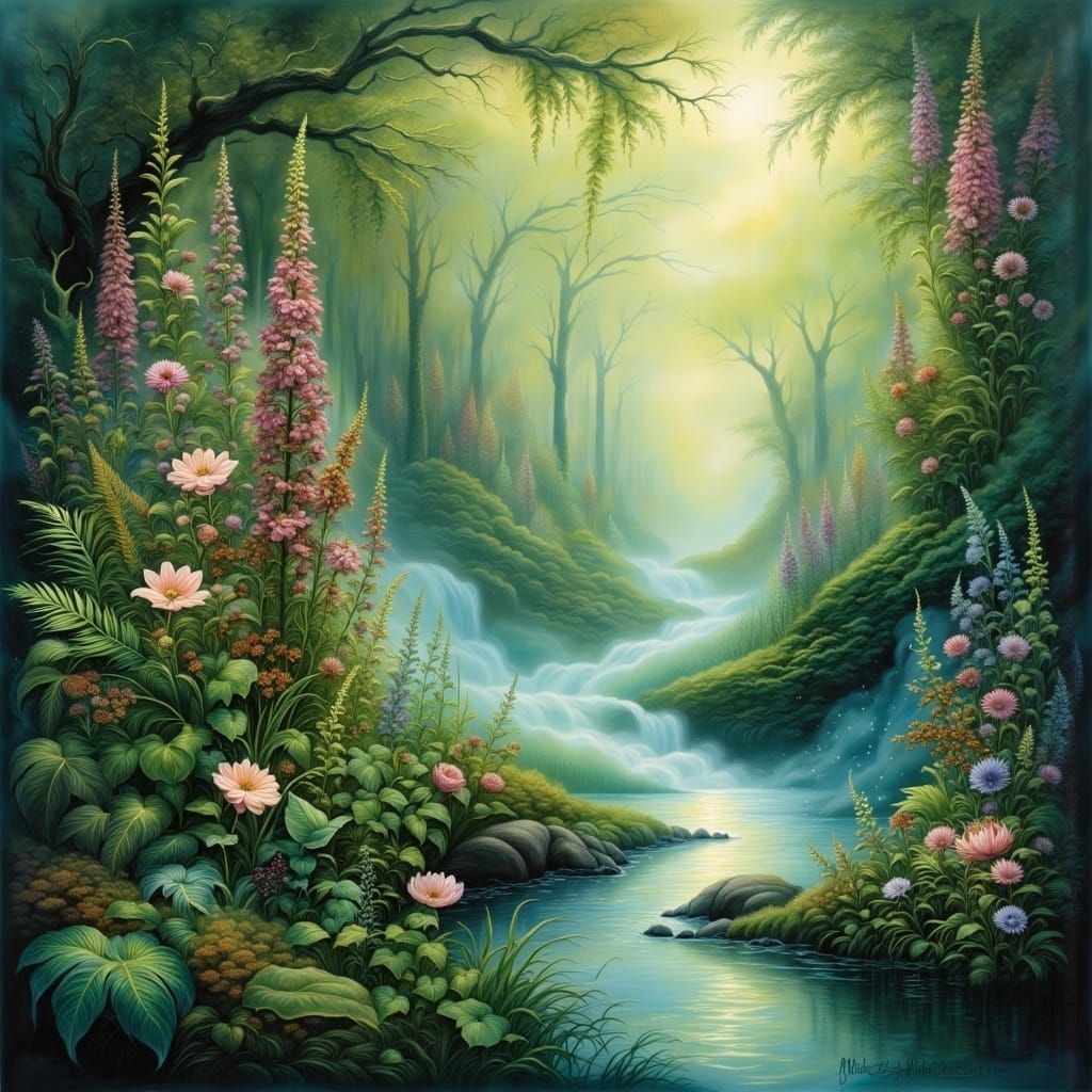 Whimsical Forest River Scene with Foxgloves and Ferns in Dre...