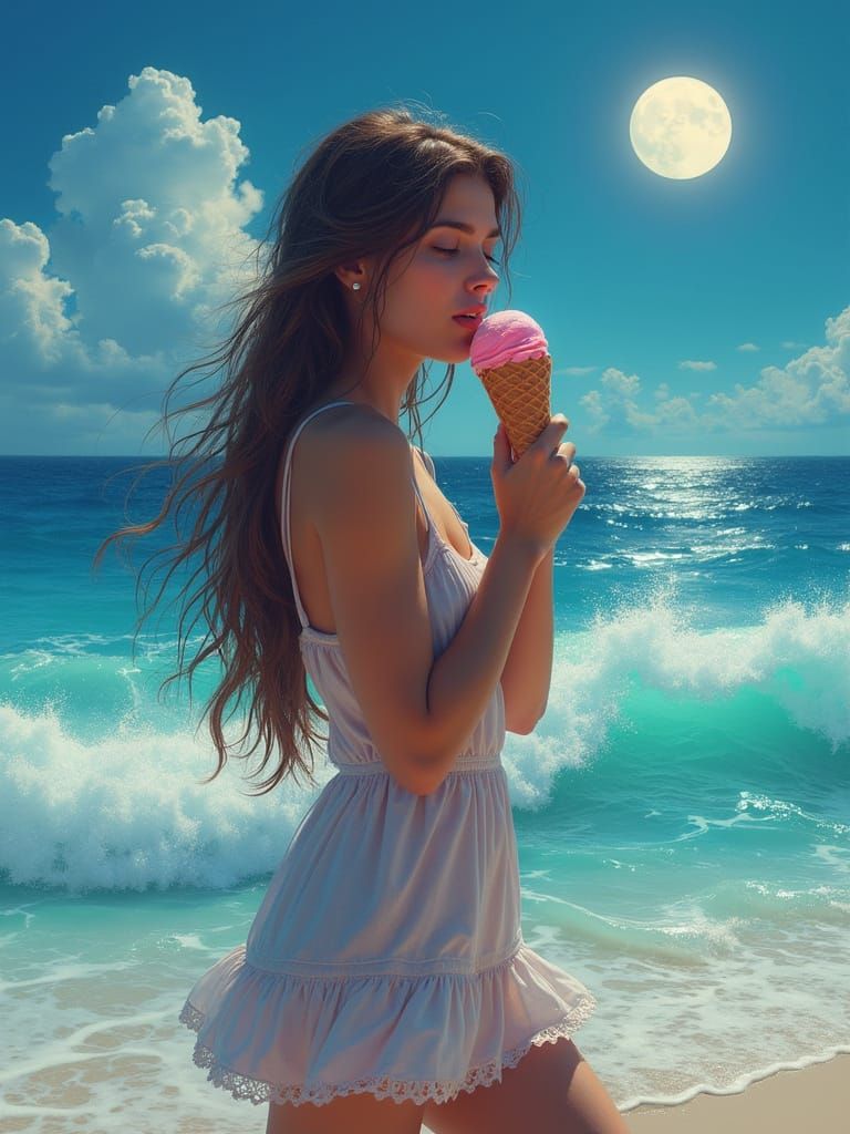 Woman Licking Ice Cream Cone at Ocean Edge in Hyperrealism