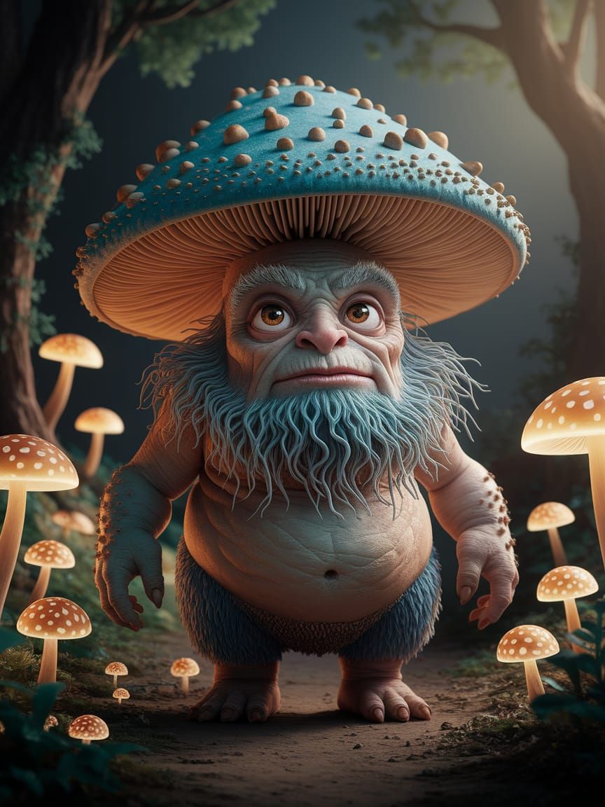 Majestic Mushroom Spirit in Whimsical Fantasy Landscape