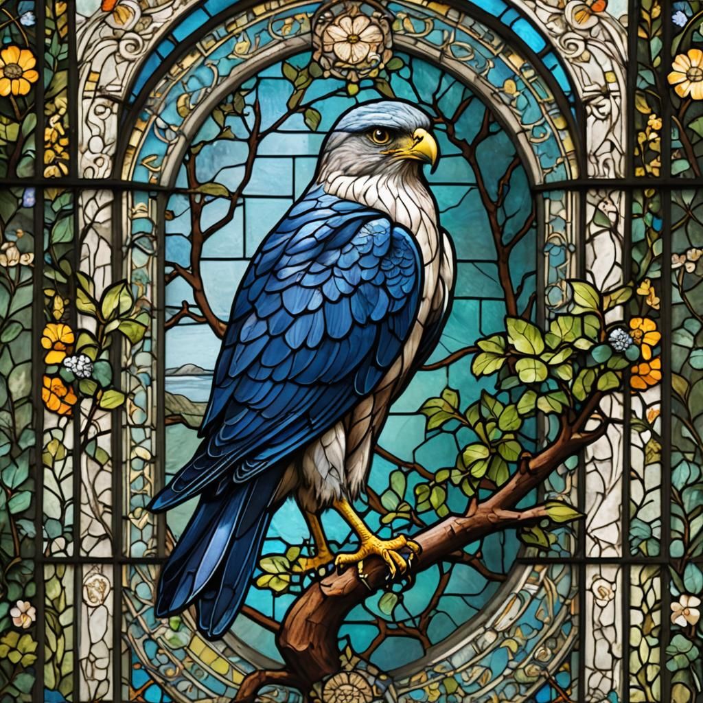 Blue Hawk Stained Glass Window Art