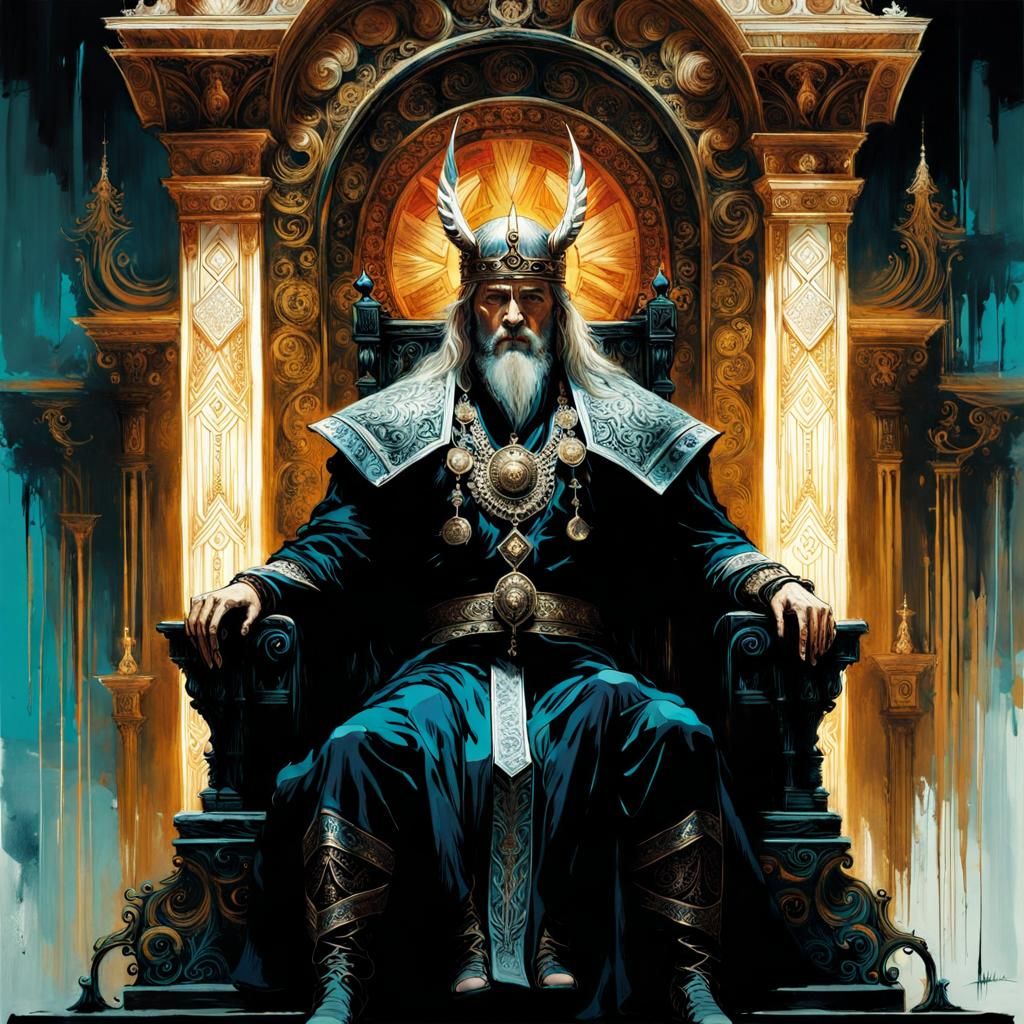 Striking Norse God on Throne in Ink Flow Style