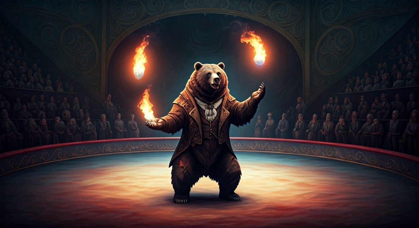 Dark Fantasy Circus Masterpiece: Majestic Bear Juggles Fire