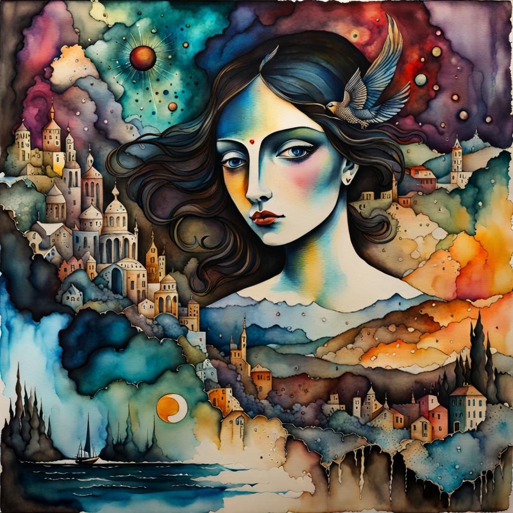 Surreal Dreamscape in Watercolor and Ink