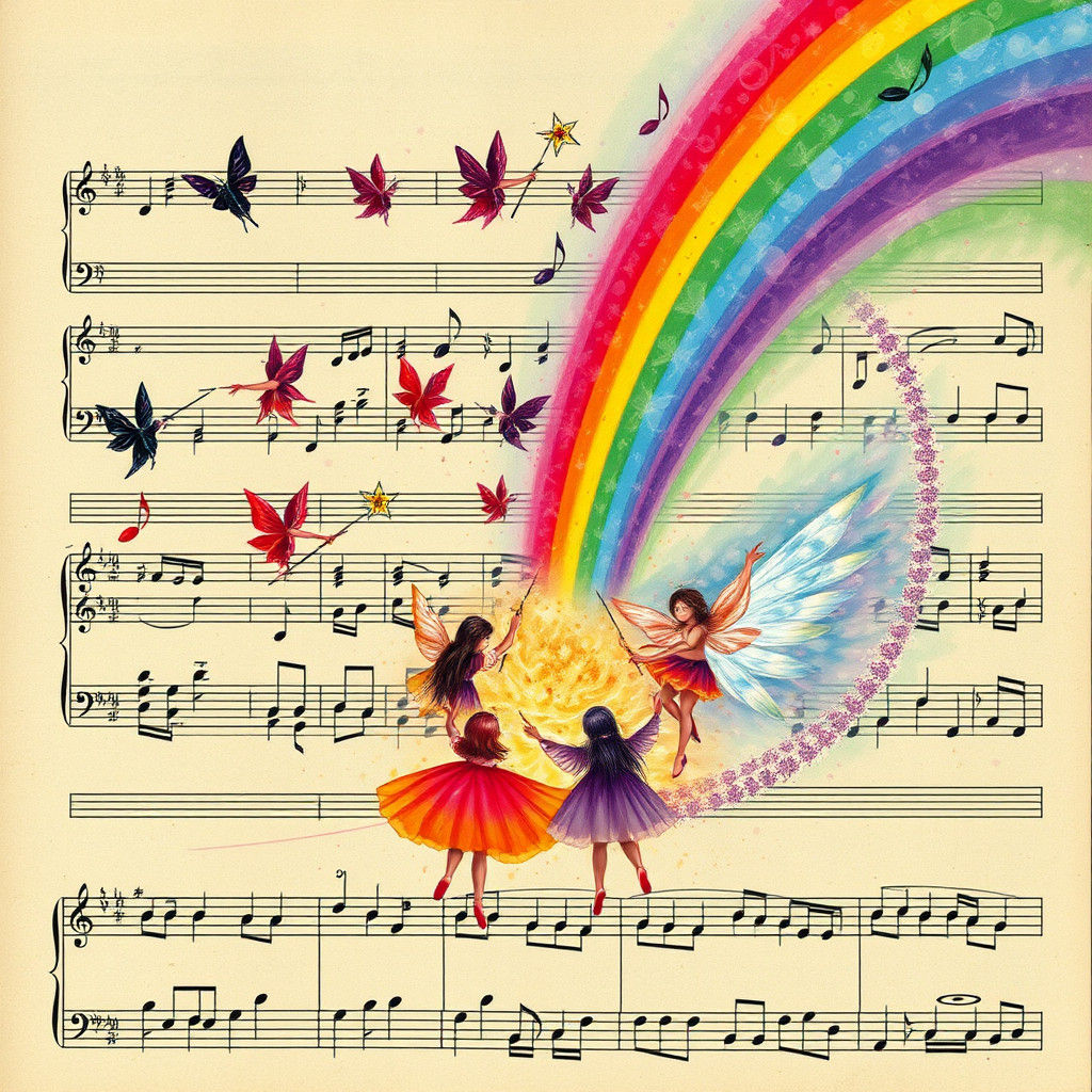 Surreal Fairies on Musical Sheet, Childlike Art