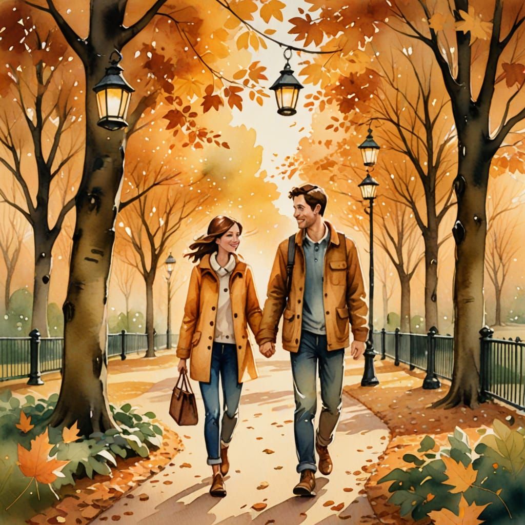 Romantic Couple in Autumn Park: Storybook Illustration