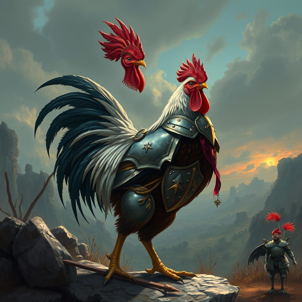 Armored Rooster in Medieval Landscape, Digital Art