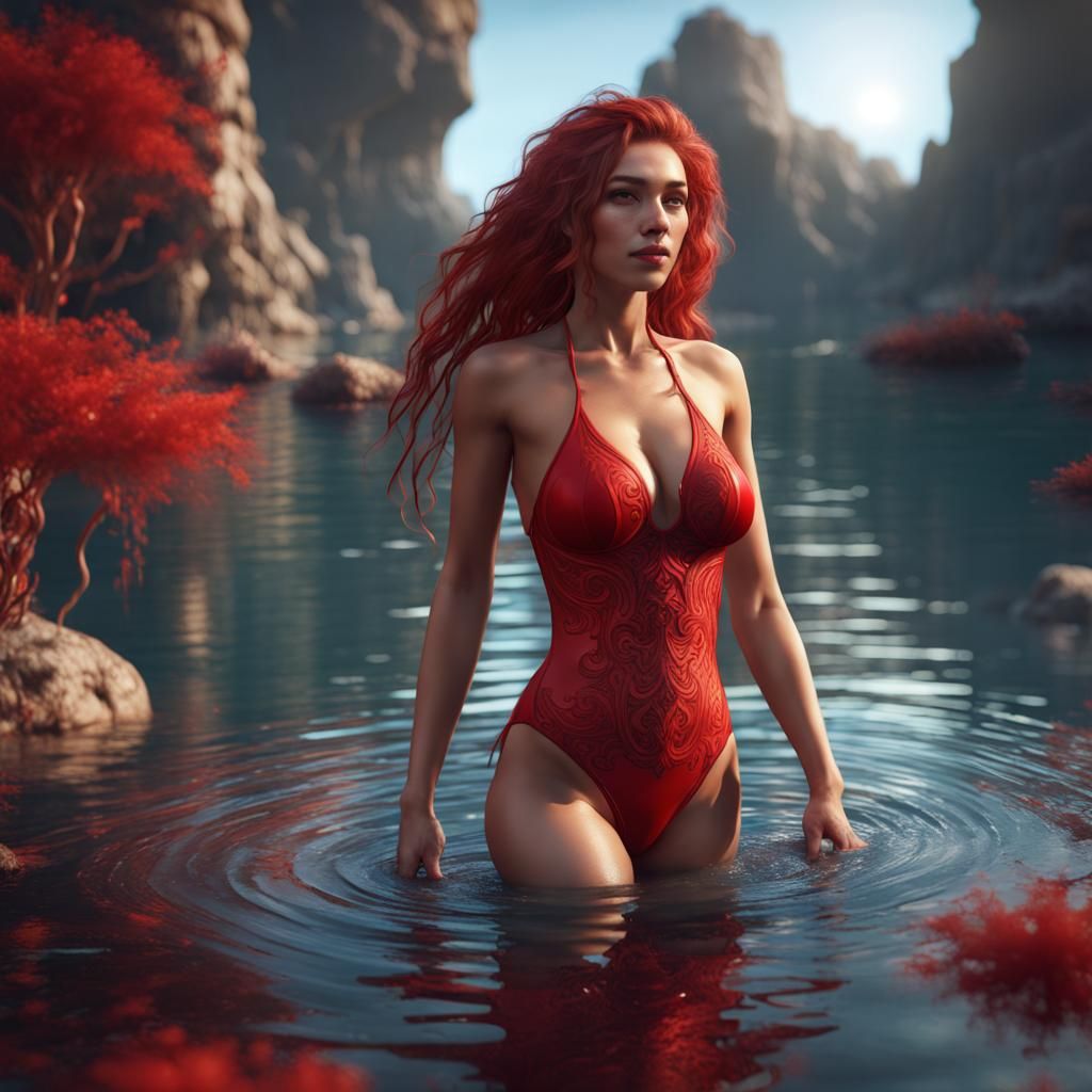 Woman in Red Swimsuit: Detailed Matte Painting