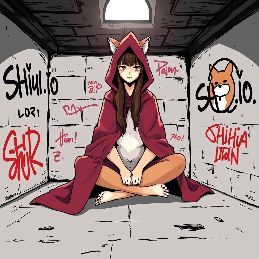 Comic Book Style Shiba Inu Girl in Dark Red Robe, Hooded, wi...