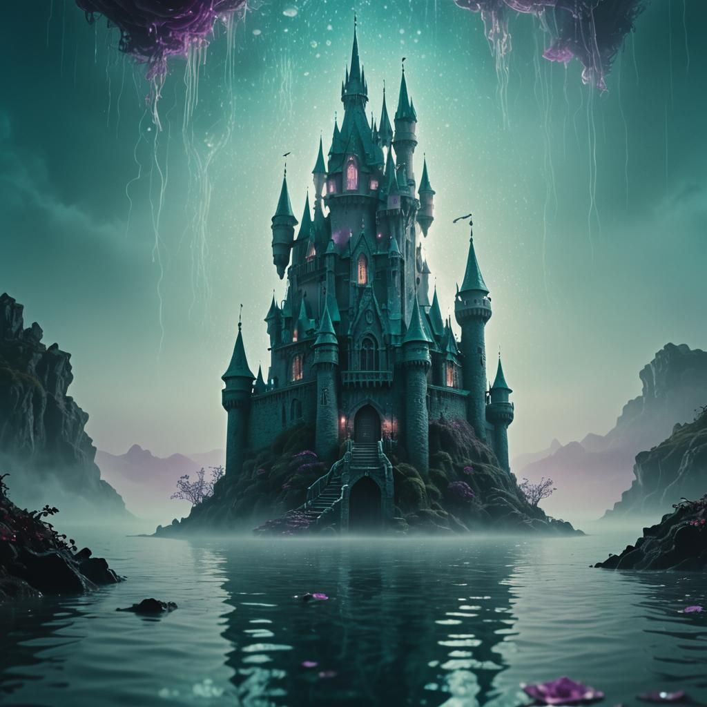 Teal Rose Castle with Fantasy Monster