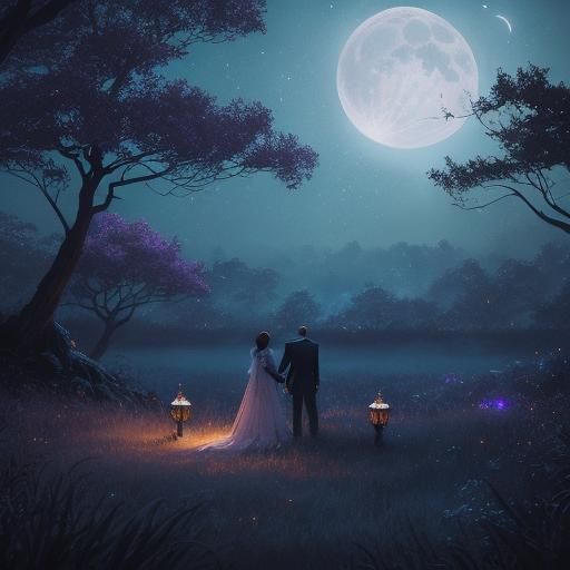 Romantic Couple Embrace in Moonlight: Matte Painting