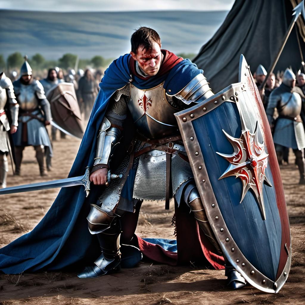 Defeated Knight Leans on Shield in Battlefield