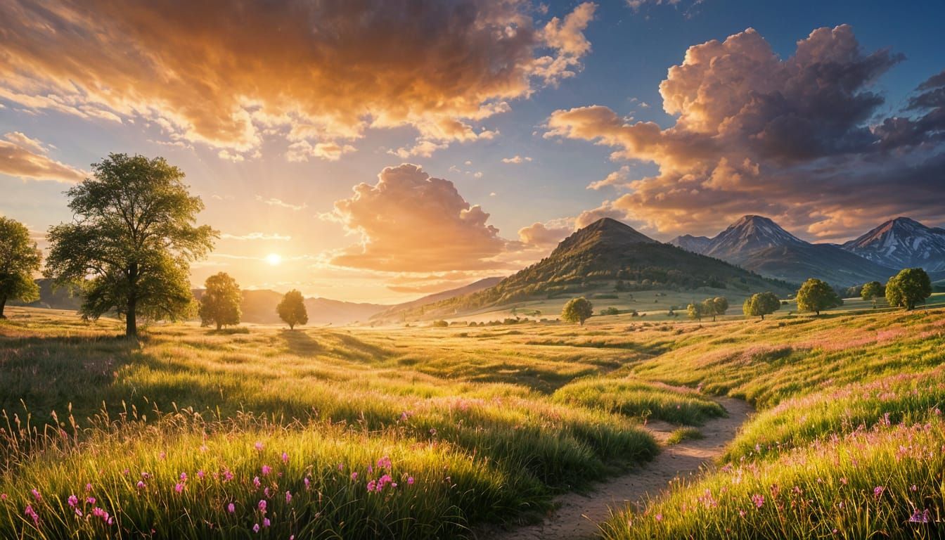 Surreal Sunset Landscape with Vibrant Floral Bloom