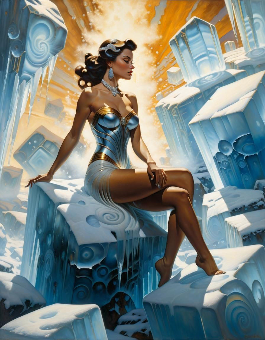 Sensual Frazetta-Inspired Goddess Amidst Icy Splendor