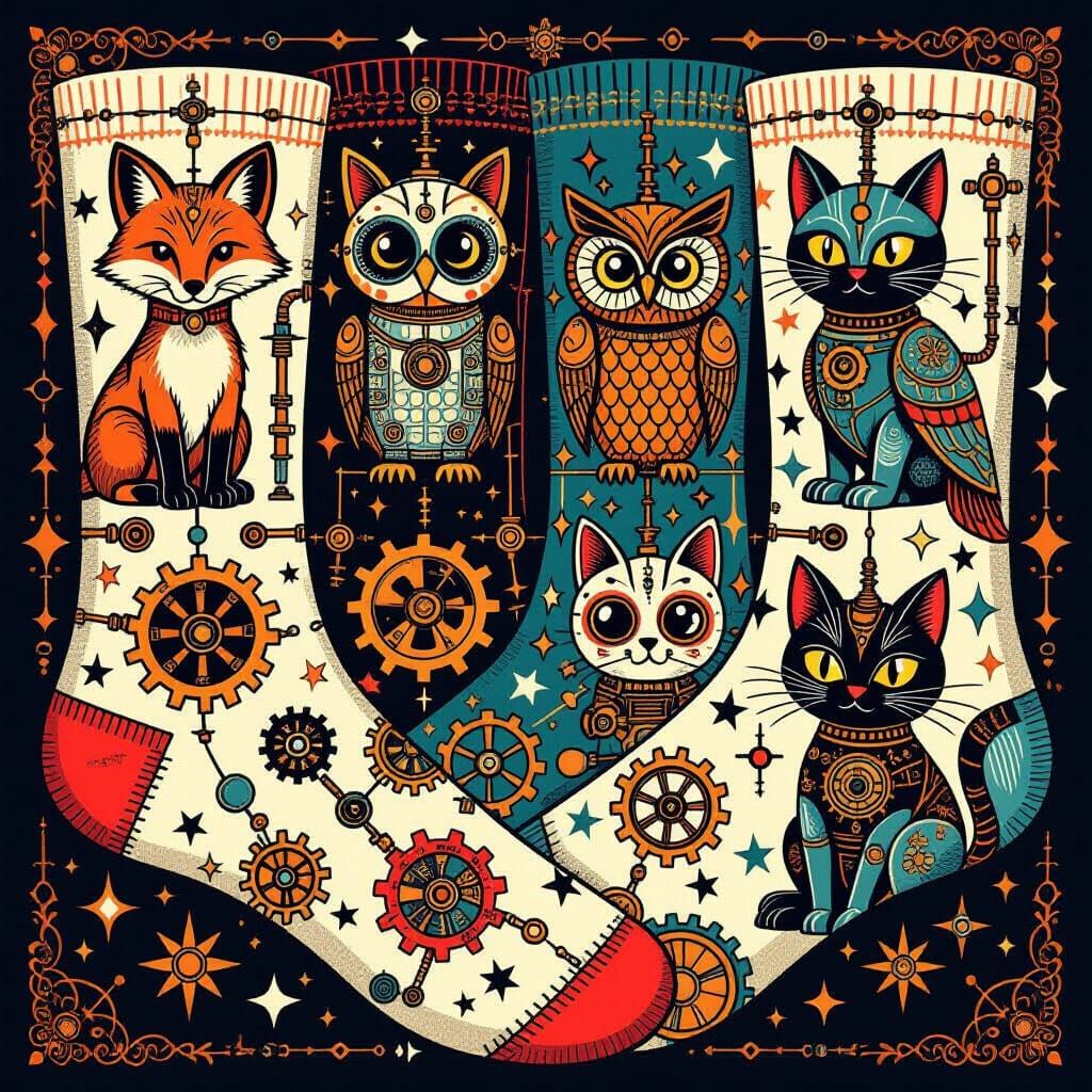 Steampunk Robot Animals Sock Pattern in Tattoo Art Style