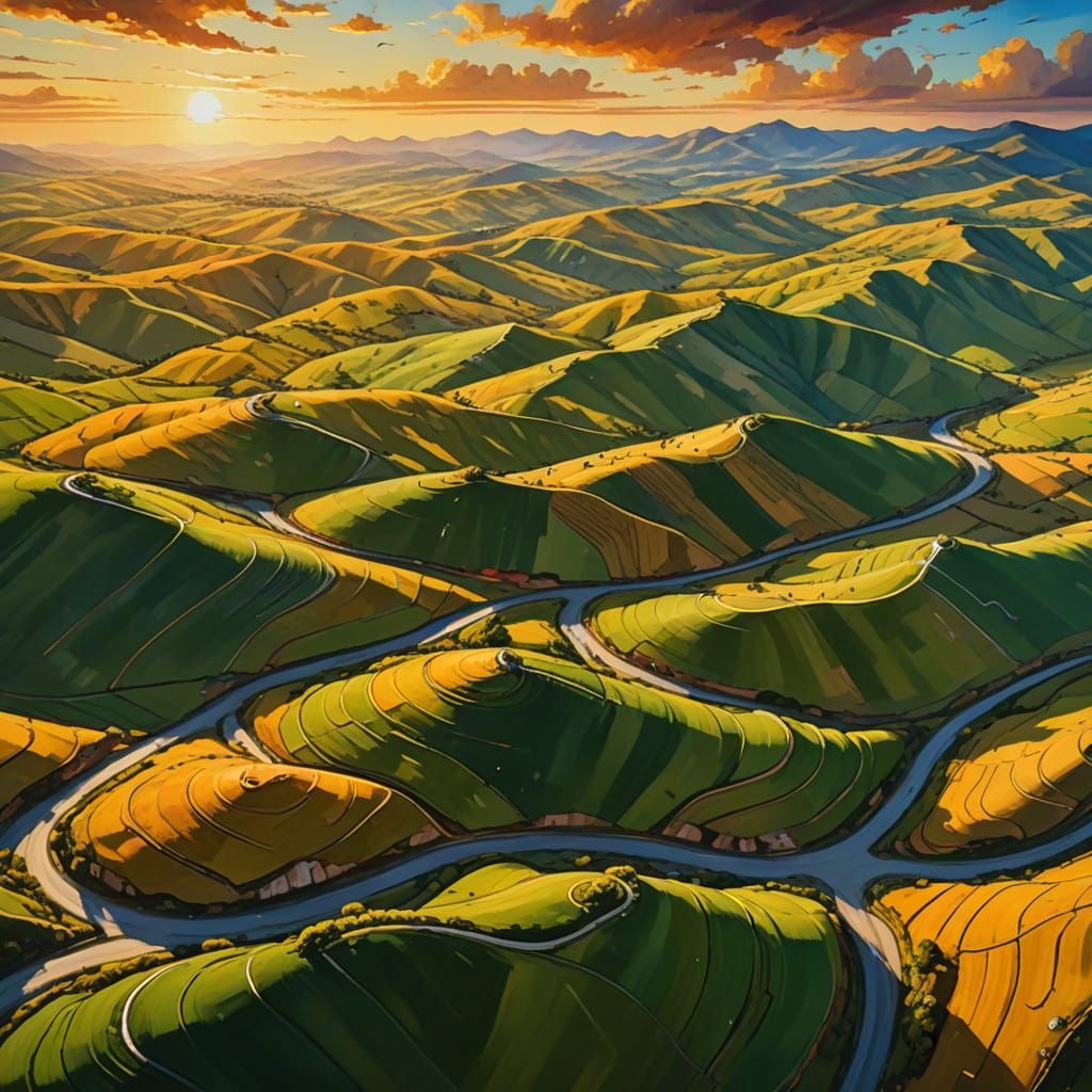 Aerial View of Winding Road as Oil Painting