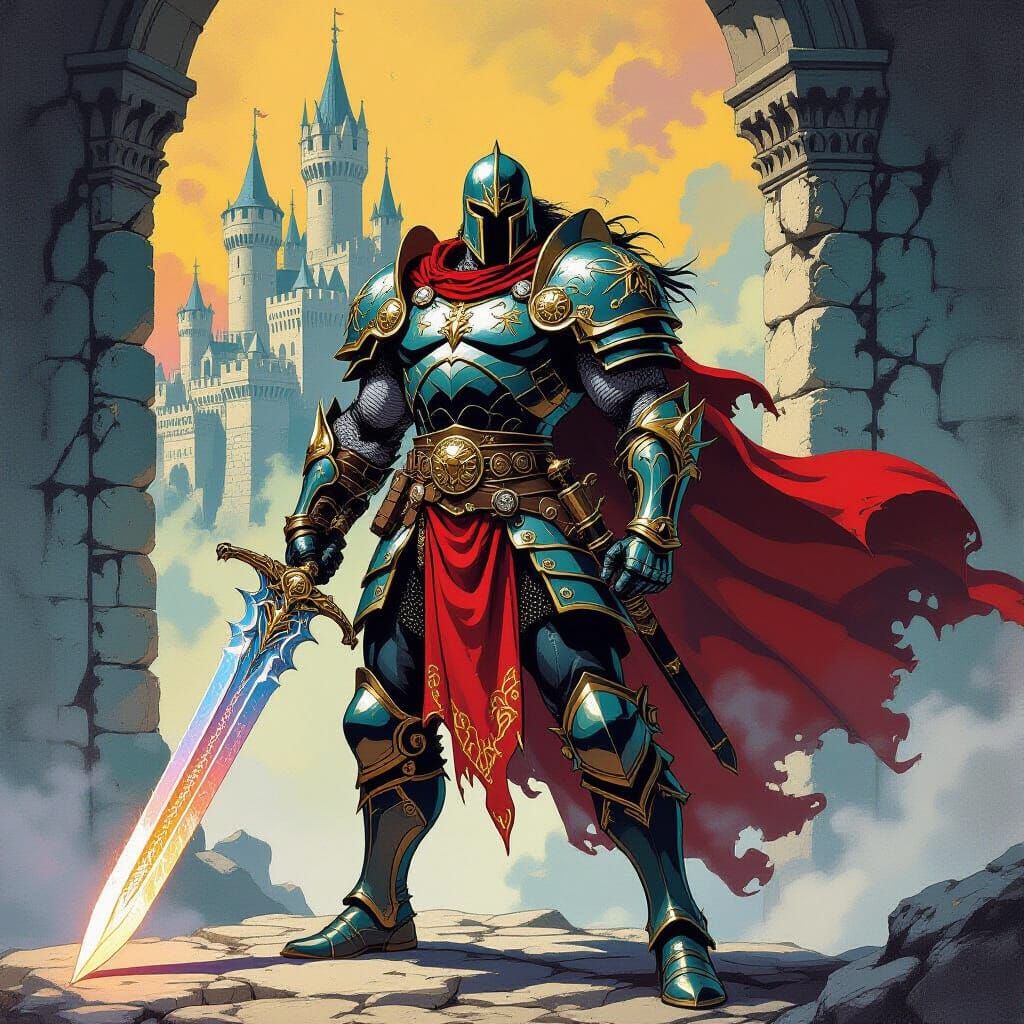 Heroic Warrior with Magical Sword in Fantasy Art Style