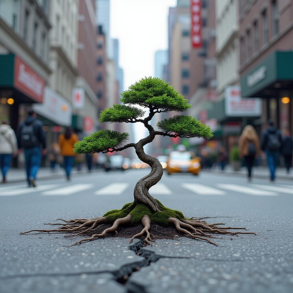 Bonsai Tree Thrives in Cracked Sidewalk, Urban Serenity