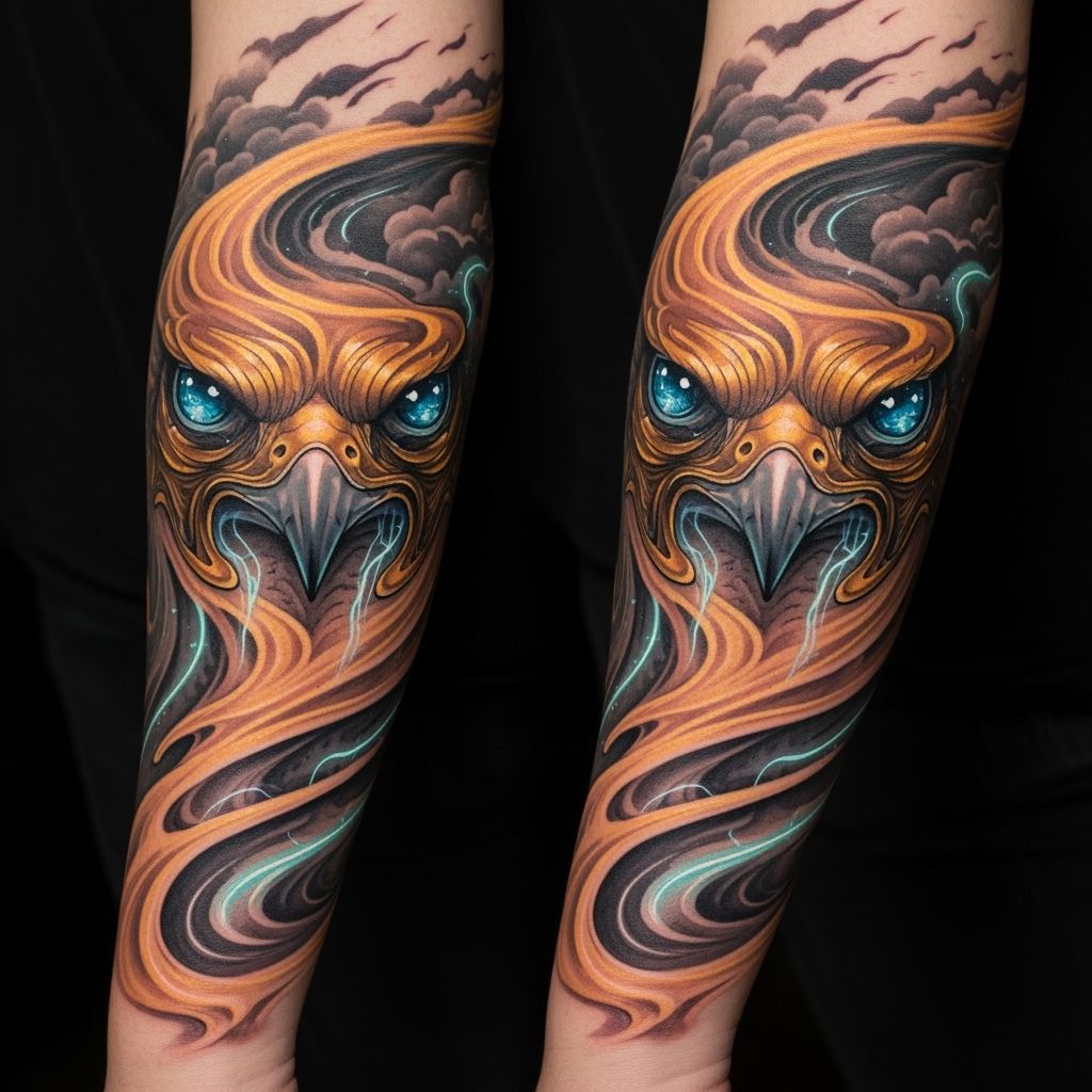 Golden Falcon Sandstorm Tattoo with Sapphire Eyes